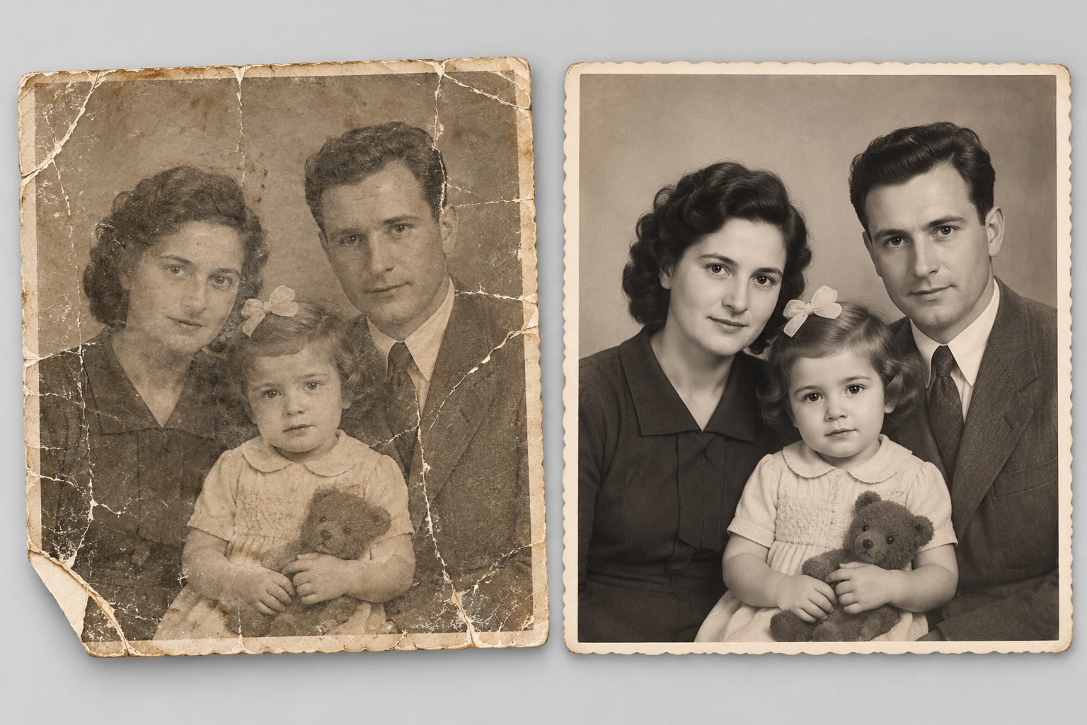 Преди и след дигитално възстановяване на семейна фотография